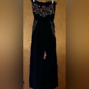 American Eagle Outfitters Black Floral Embroidered Strapless Jumpsuit